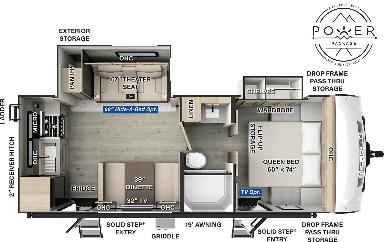 The Flagstaff Micro Lite 25SRK has two entries and two slide outs. Exterior features include: fiberglass exterior and 19' awning. Interiors features include: rear kitchen, front bedroom and pass through bathroom.